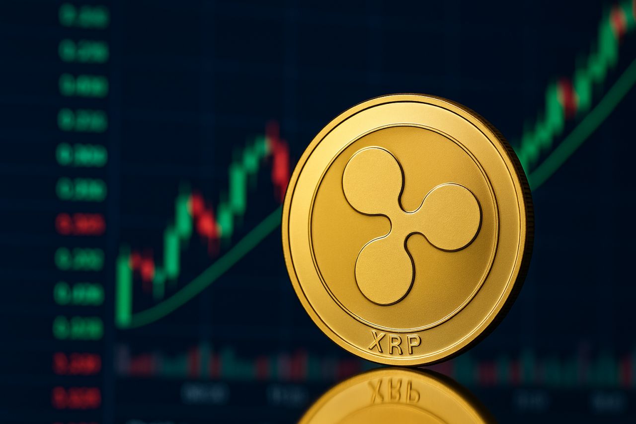 Una moneta con il simbolo di XRP e un grafico a candele sullo sfondo