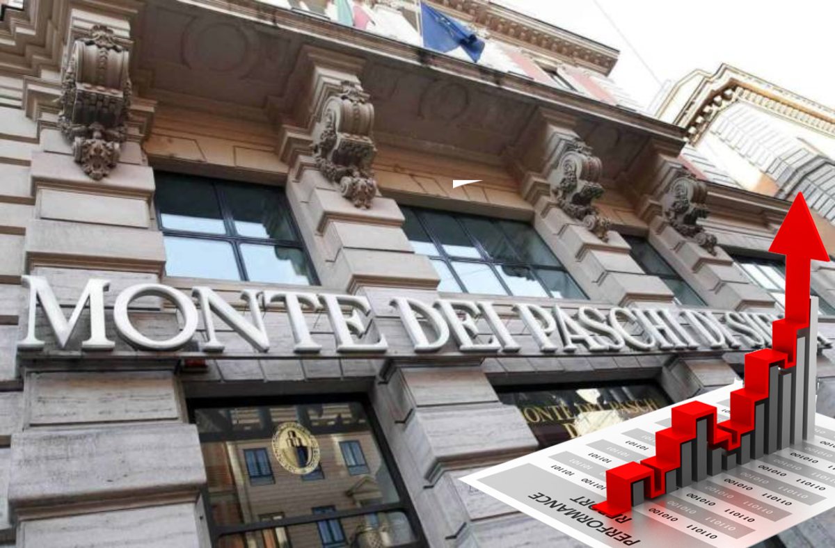 insegna di MPS e grafico al rialzo