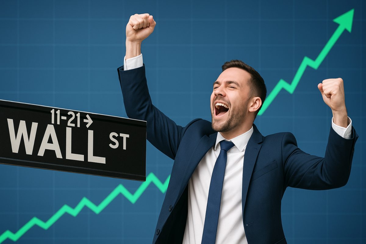 trader che esulta e insegna di Wall Street