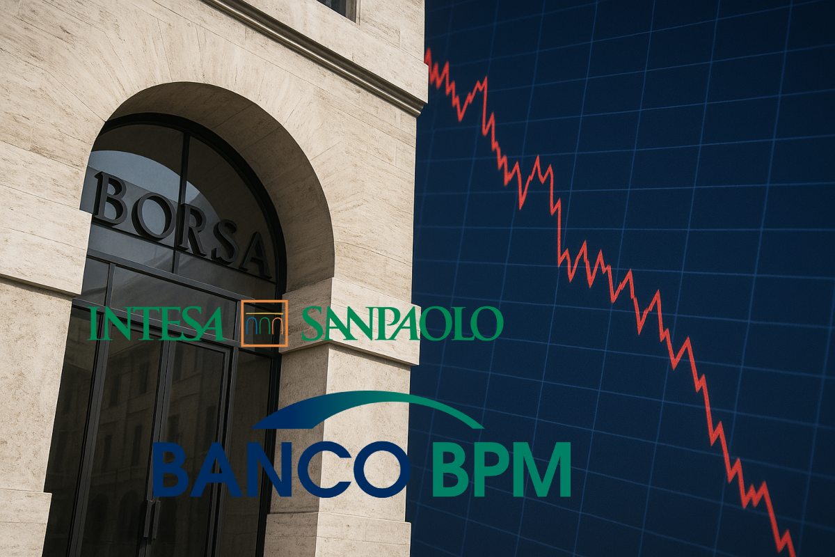 ingresso borsa di Milano con logo Intesa SP e Banco BPM