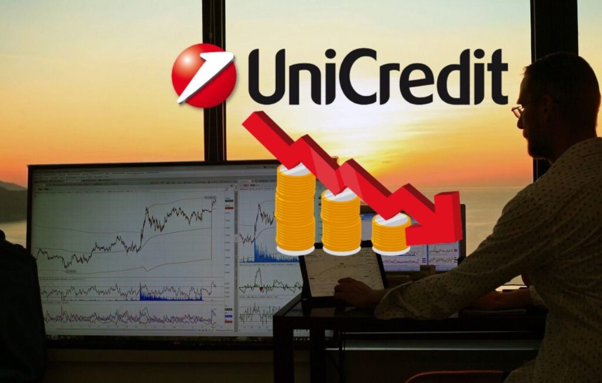 logo di Unicredit e desktop con grafico di trading
