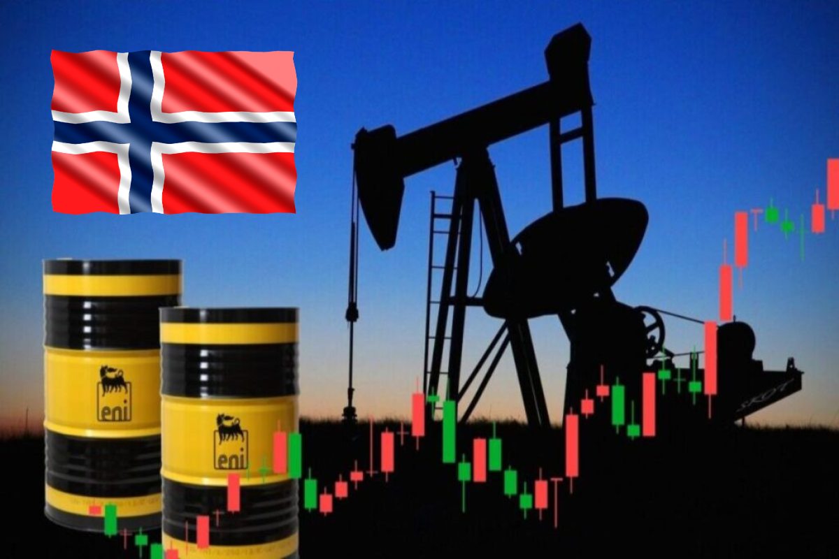 barili con logo Eni e bandiera della Norvegia