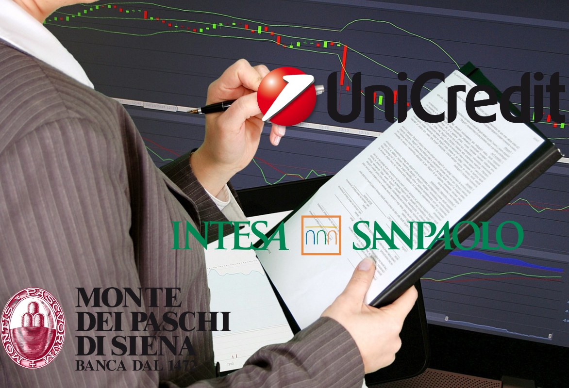 analista con dati e logo di Mps, Unicredit e Intesa Sanpaolo