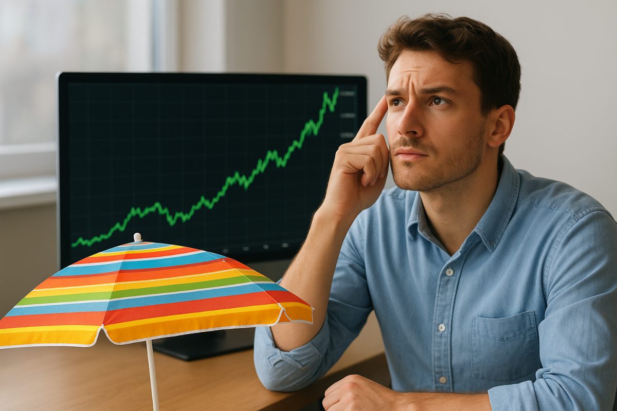 trader che pensa e accanto un ombrellone