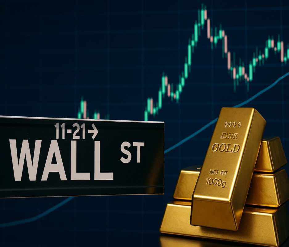 lingotti di oro e insegna Wall Street