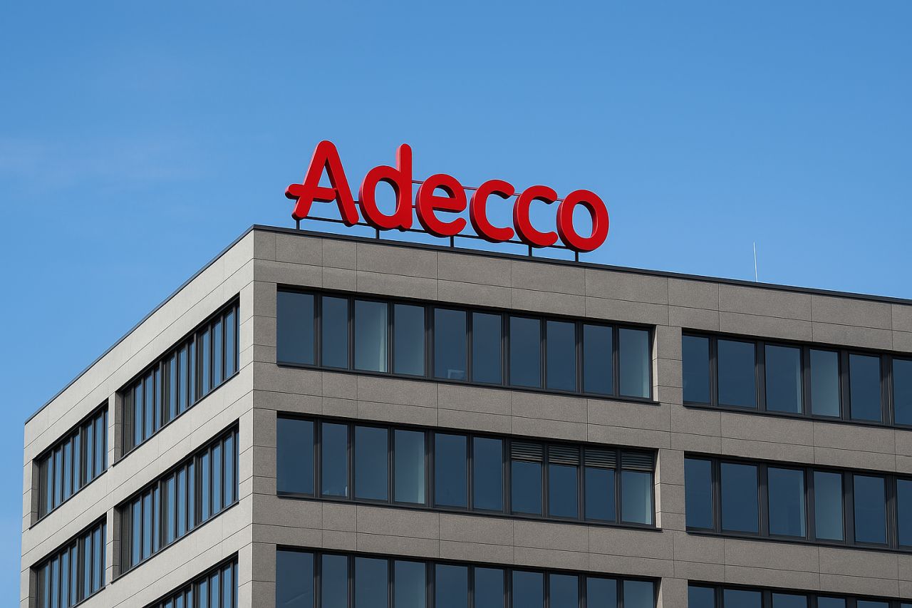 Un edificio con l'insegna Adecco in cima