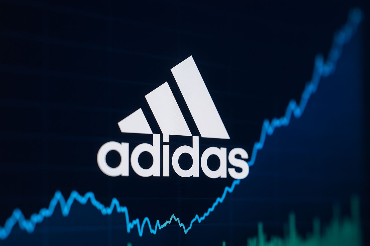 logo adidas con un grafico finanziario sullo sfondo