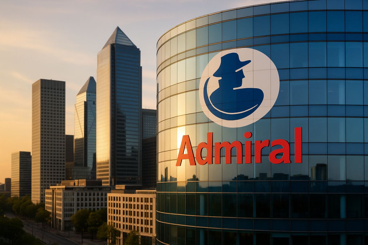 un palazzo con logo e scritta Admiral sulla vetrata e altri palazzi sullo sfondo