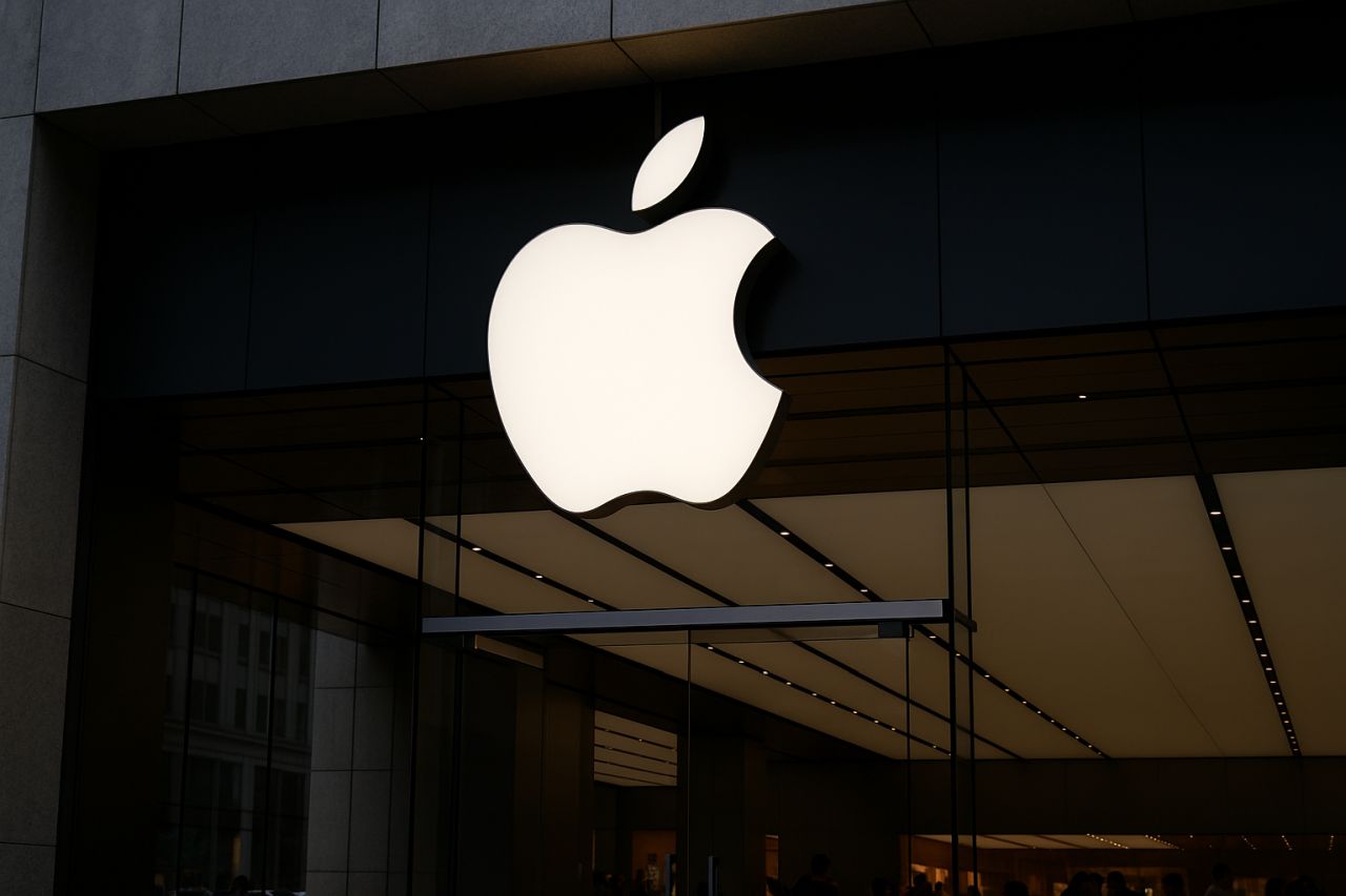 Il simbolo della Apple su una vetrata