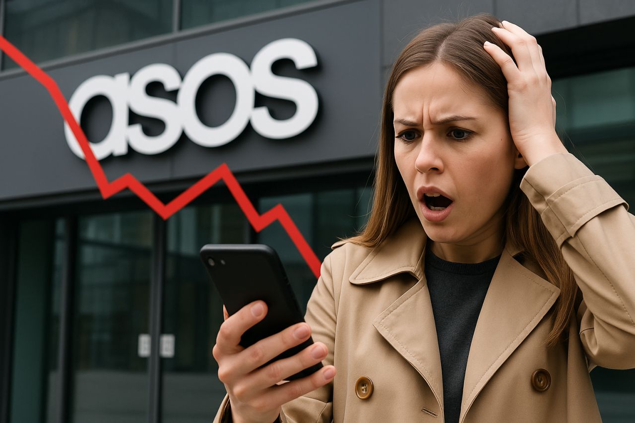 primo piano di una donna che osserva lo schermo del cellulare. Sullo sfondo un edificio con la scritta asos e una freccia verso il basso in sovrimpressione