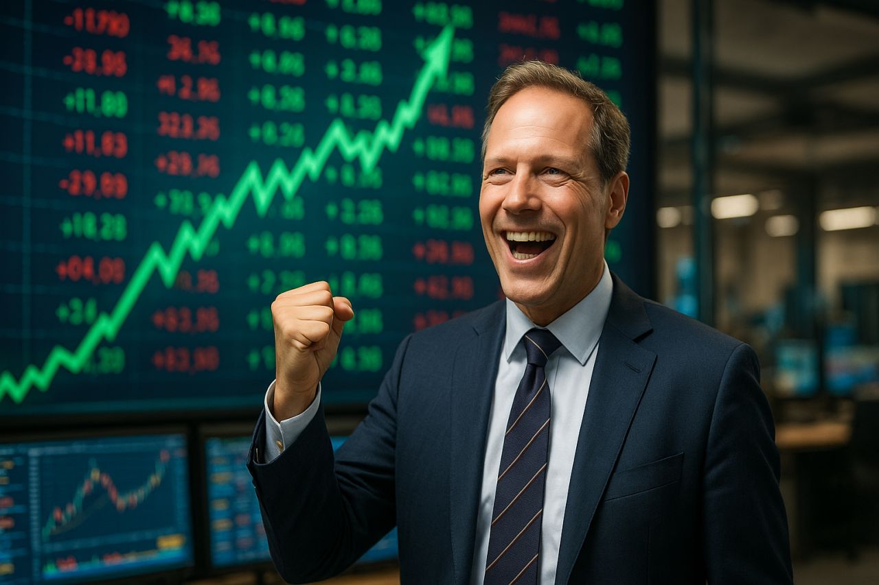 Primo piano di un investitore che esluta. Sullo sfondo grafici finanziari e cifre