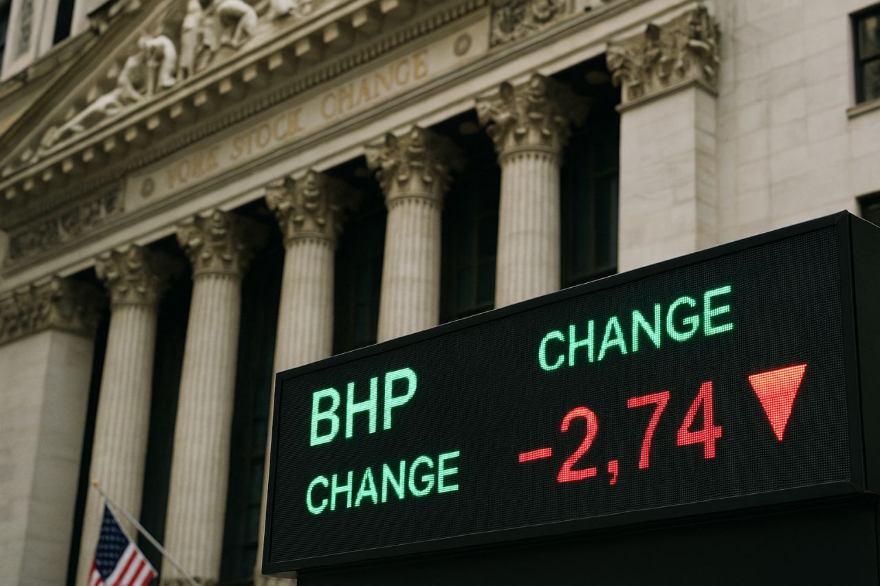 un edificio storico con uno schermo davanti che riporta l'andamento del titolo BHP