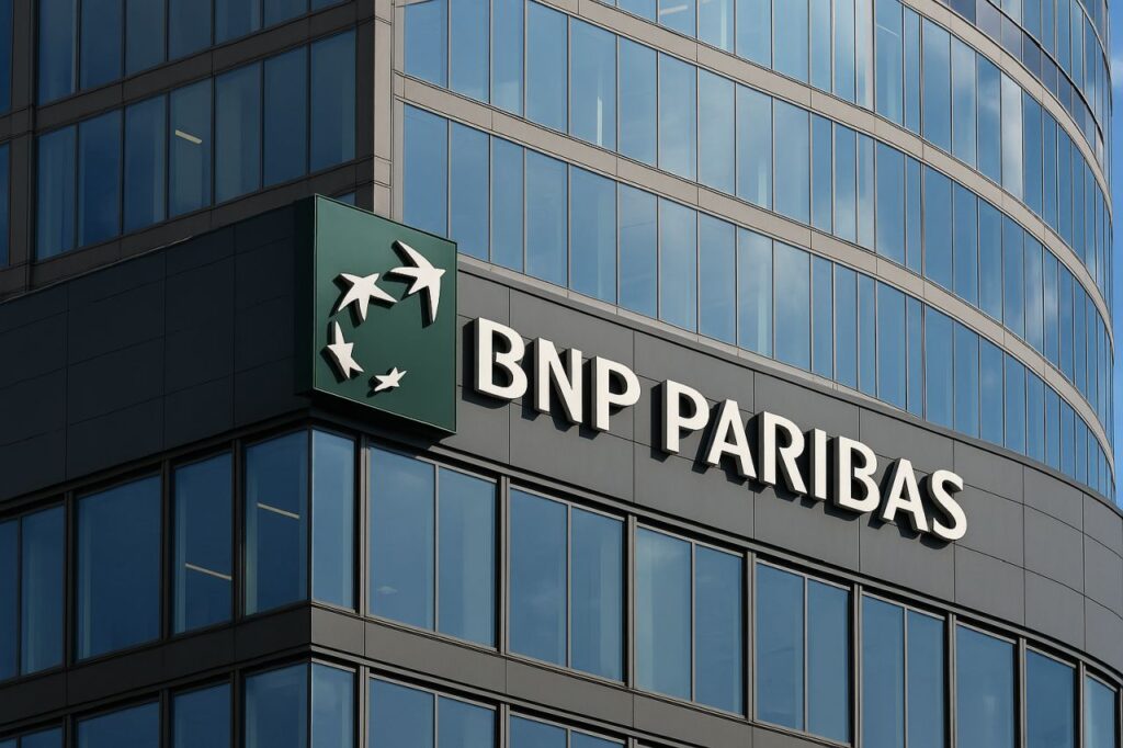la vetrata di un palazzo con la scritta BNP Paribas