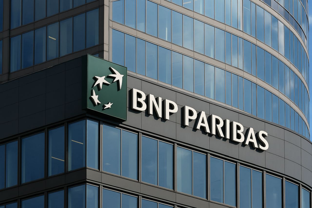 la vetrata di un palazzo con la scritta BNP Paribas