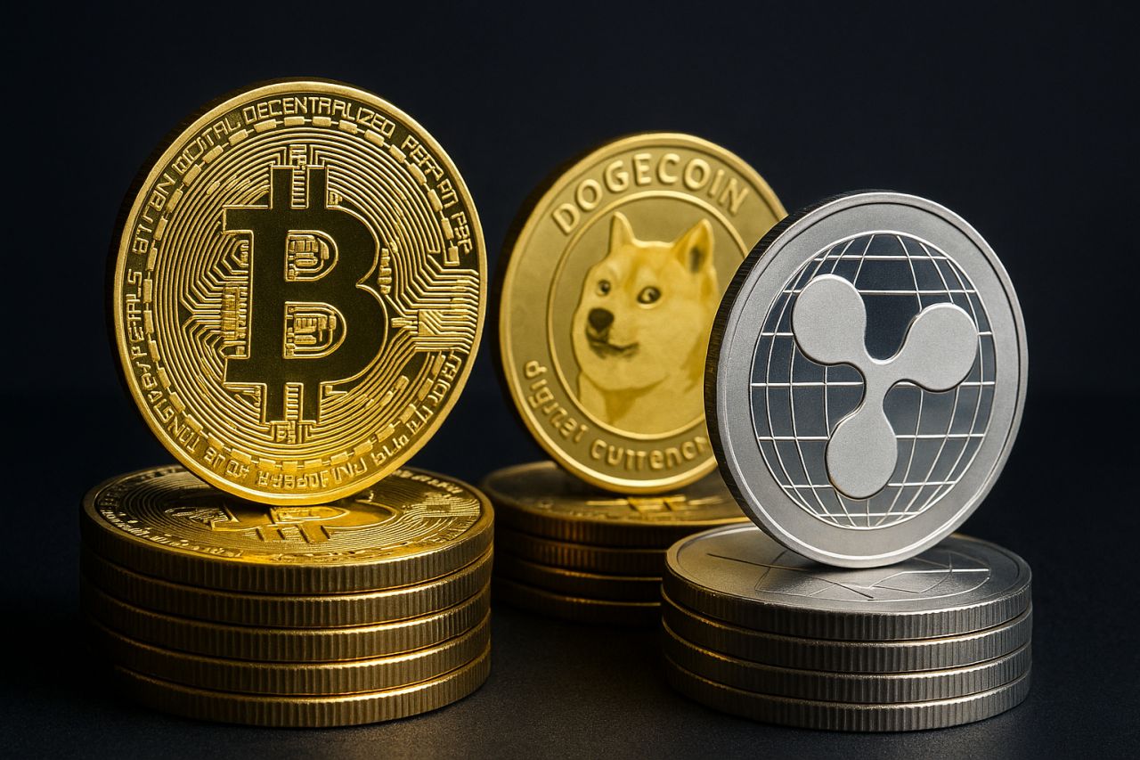 una moneta di Bitcoin accanto a una di Dogecoin e una di XRP