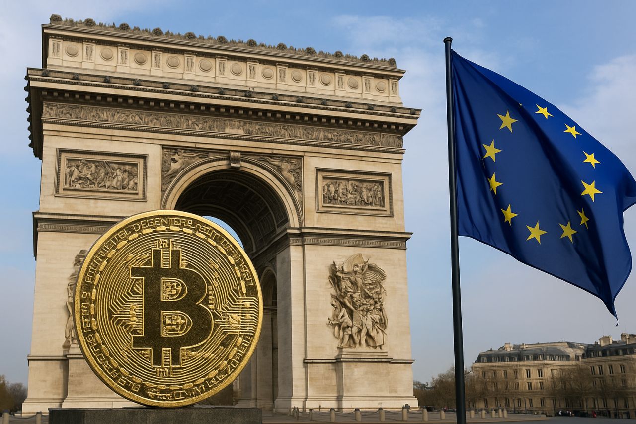 Una moneta di Bitcoin con l'arco di trionfo di Parigi sullo sfondo e la bandiera dell'UE