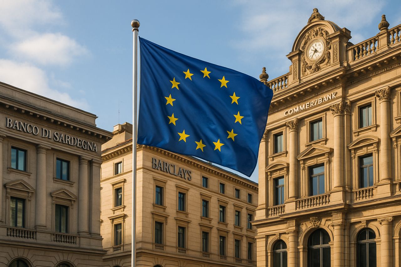 Alcuni edifici storici con le insegne di alcune banche e la bandiera dell'UE che sventola al centro