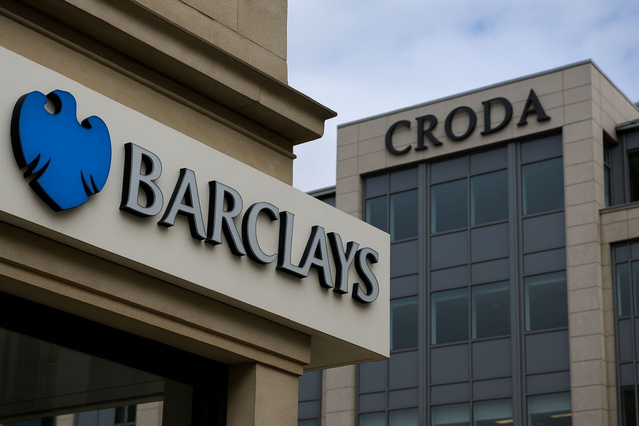 un edificio con logo e scritta Barclays e uno dietro con la scritta Croda