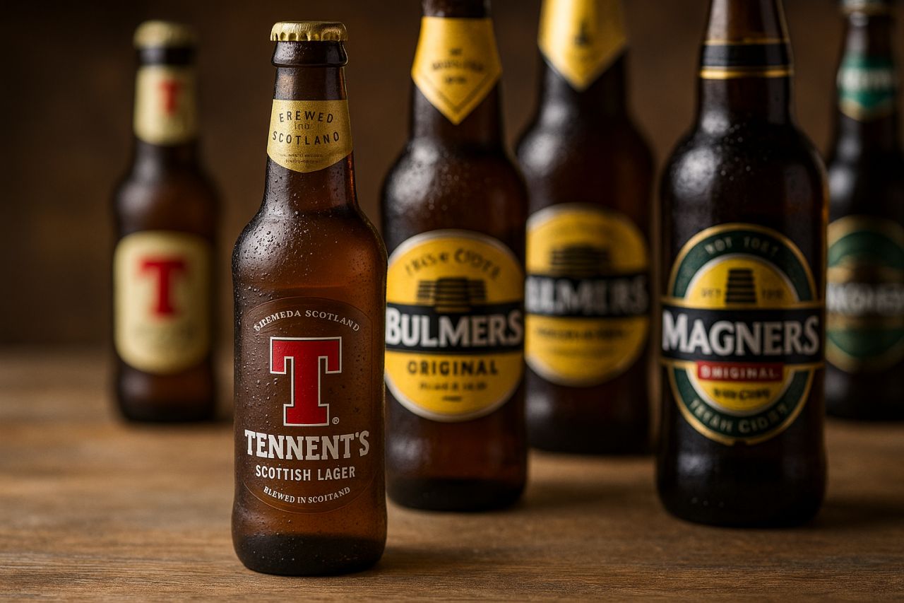 bottiglie di birra di marchi diversi, una accanto all'altra su un piano di legno