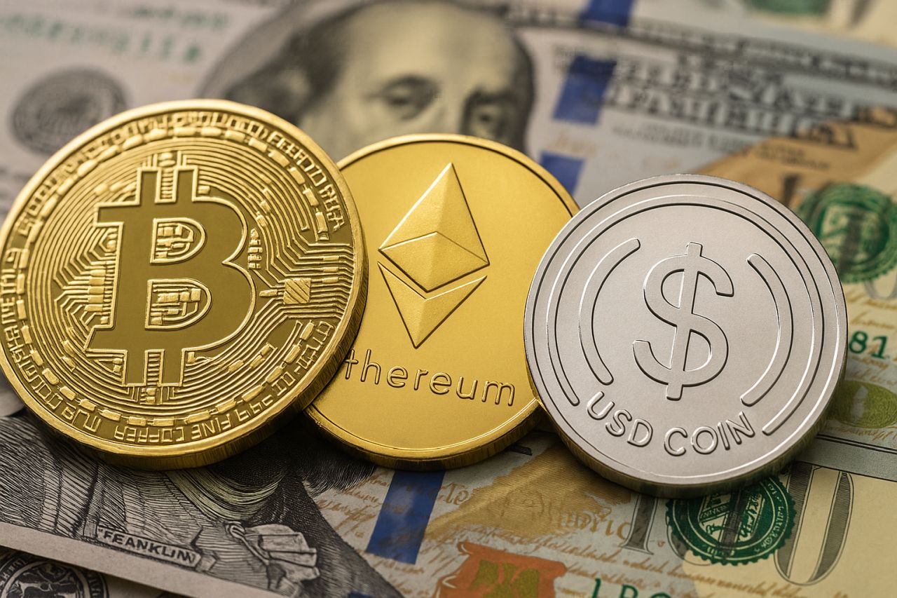 Una moneta di Bitcoin, una di Ethereum e una di USD con delle banconote sullo sfondo