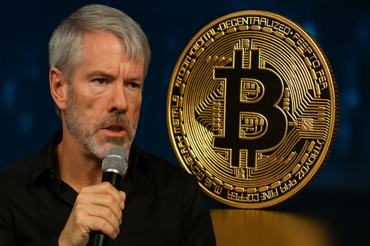 Primo piano di Saylor e una moneta di Bitcoin in grando accanto a lui