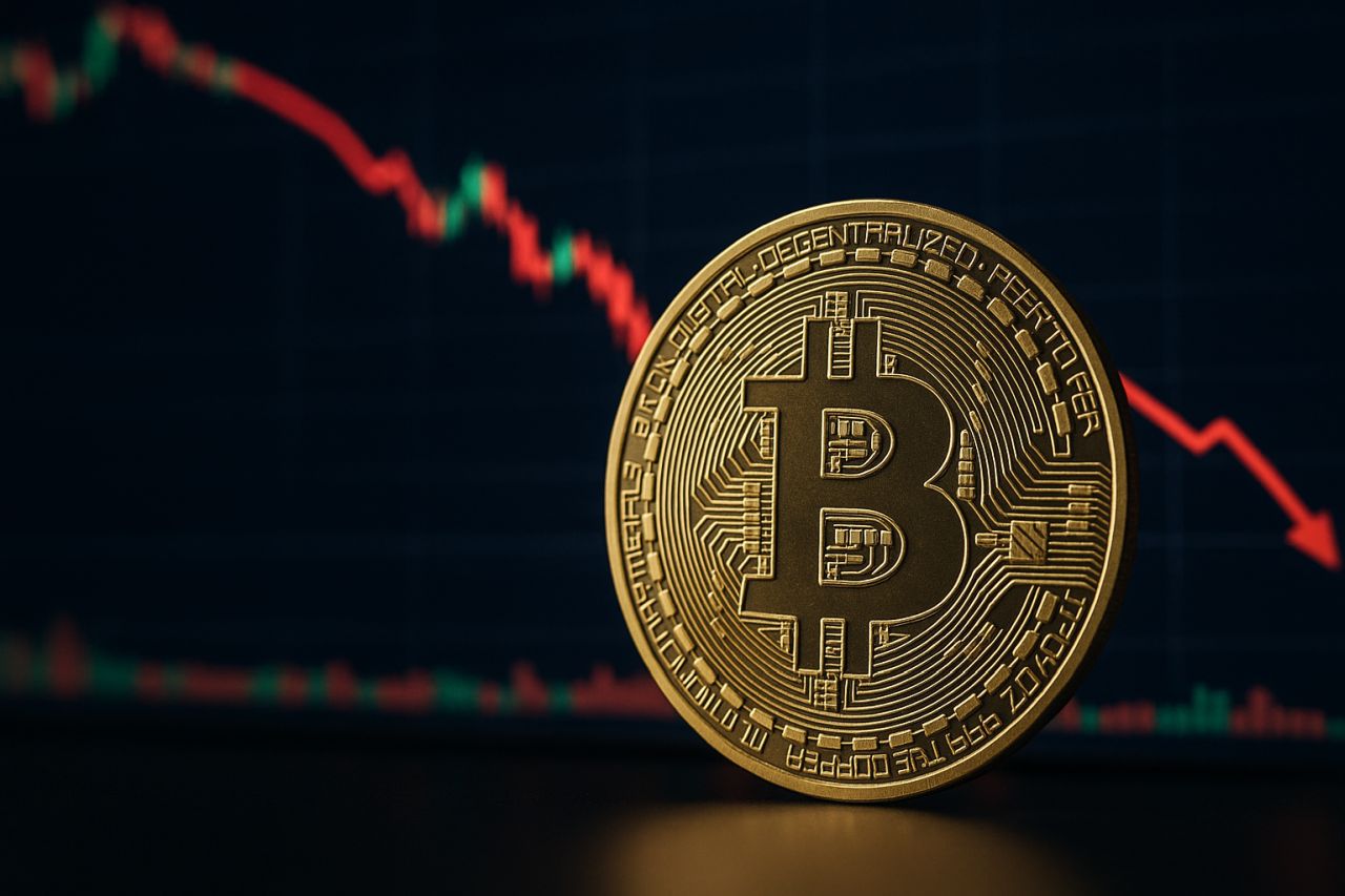 una moneta di Bitcoin con un grafico in rosso sullo sfondo