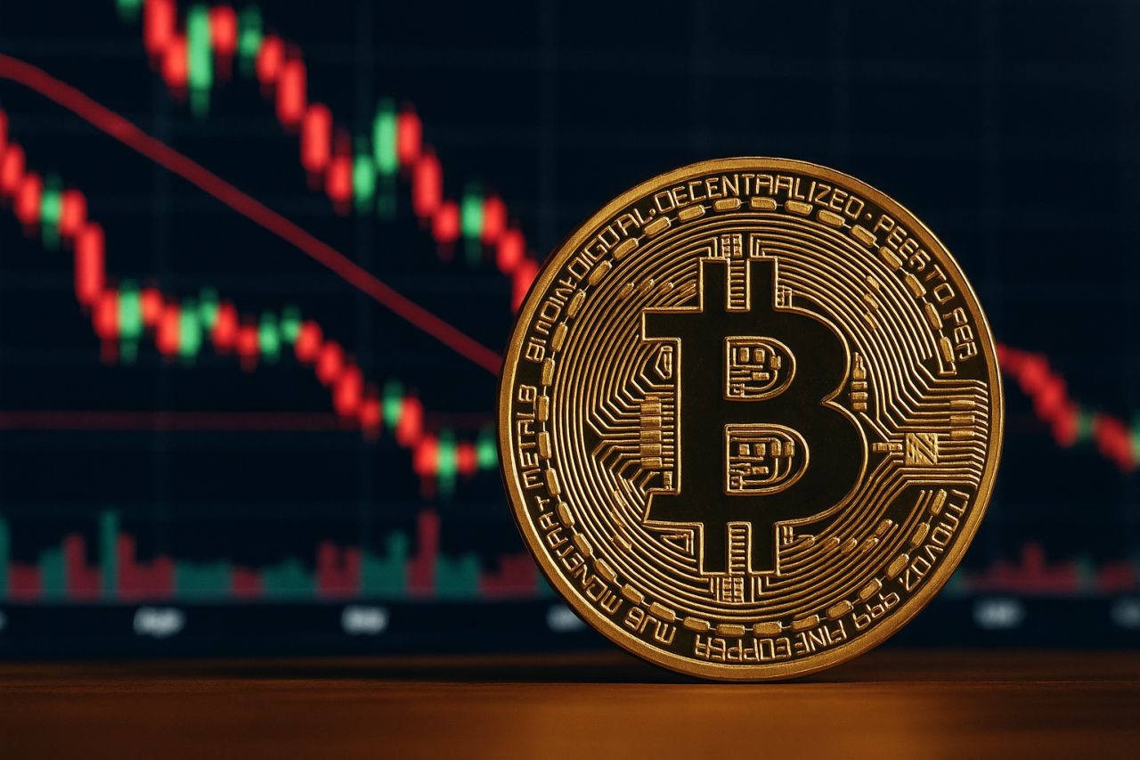 una moneta di Bitcoin con dei grafici a candele sullo sfondo