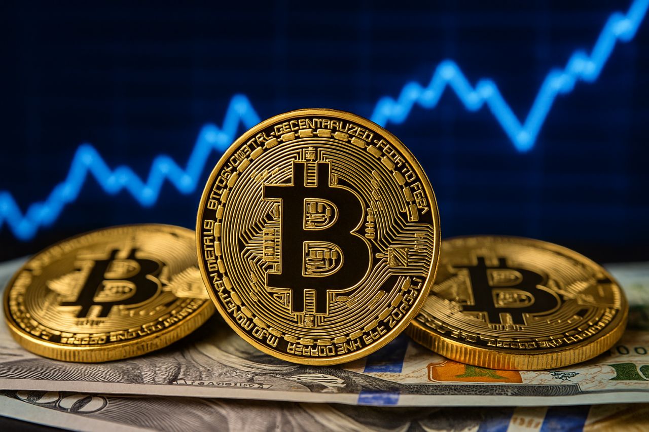 delle monete di Bitcoin poggiate su alcune banconote, con un grafico finanziario sullo sfondo