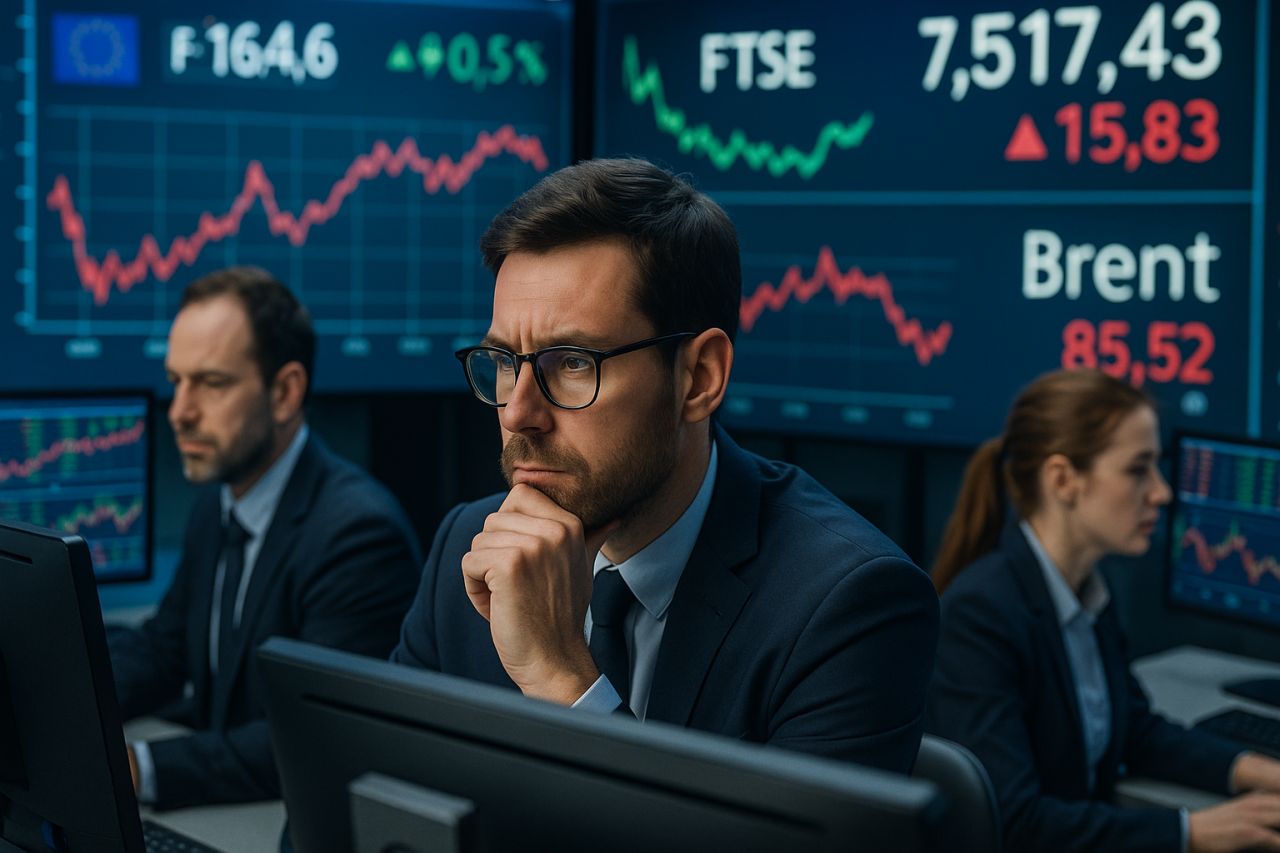 Alcuni investitori in una sala con diversi pc e un maxi schermo con cifre e grafici sull'andamento dei titoli