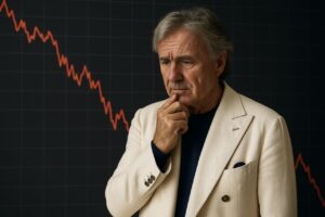 Primo piano di un signore con una giacca bianca e alle sue spalle un grafico in discesa