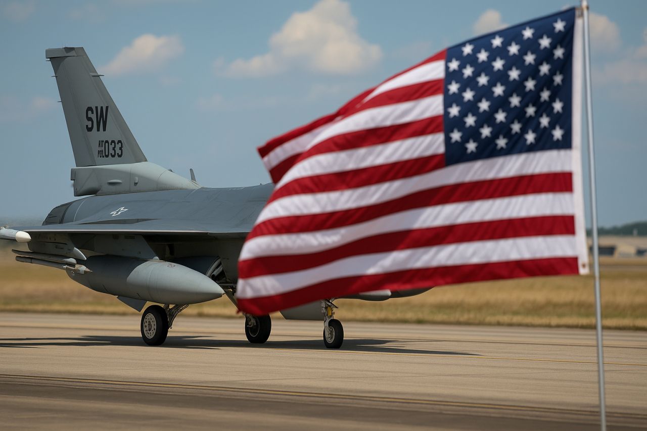 un caccia USA coperto in buona parta dalla bandiera degli Stati Uniti