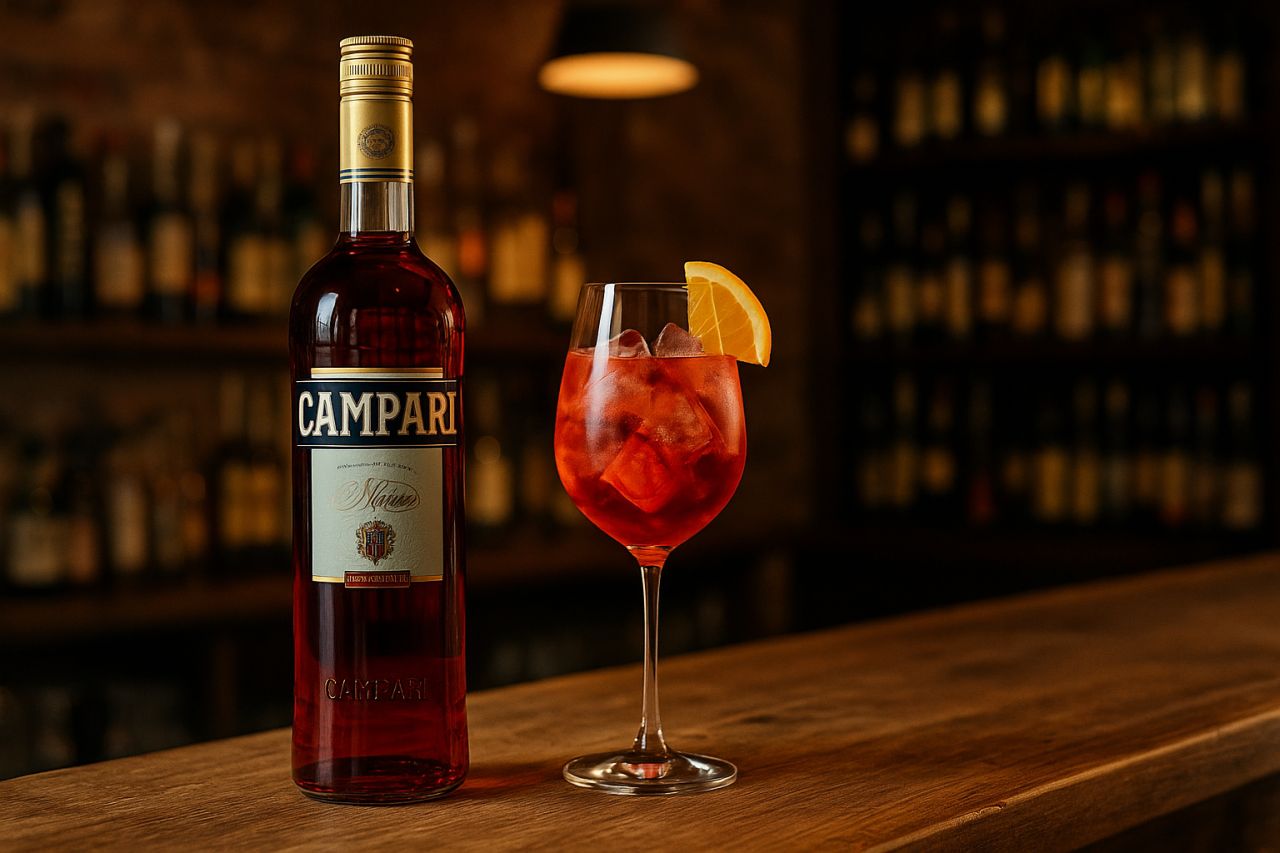 Un bicchiere e una bottiglia di Campari