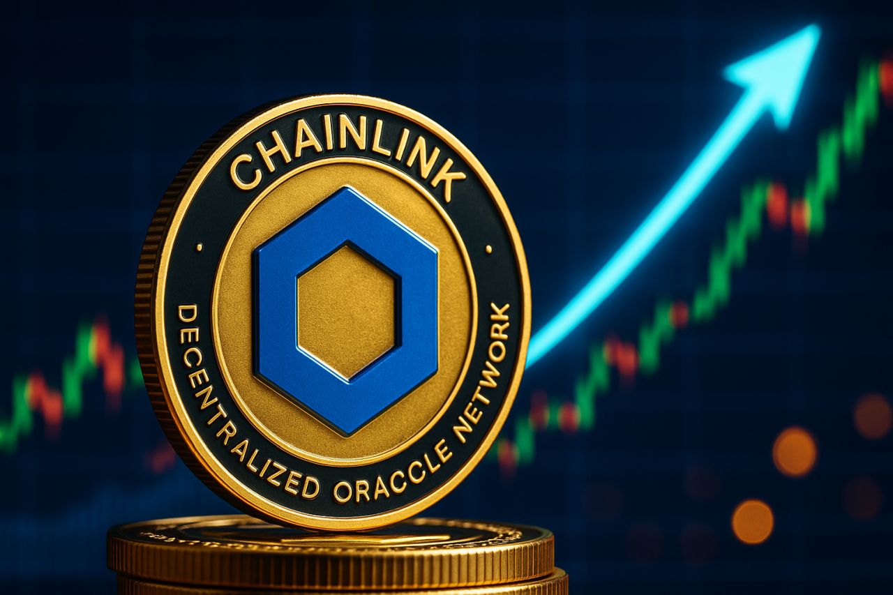 una moneta con il simbolo di Chainlink e una freccia che percorre un grafico a candele verso l'alto sullo sfondo