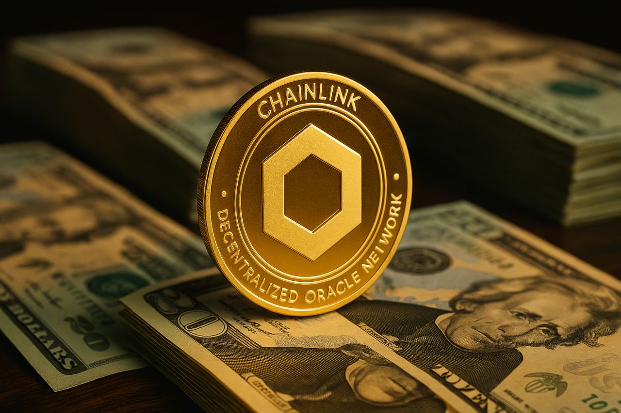 Una moneta di Chainlink con delle banconote sullo sfondo