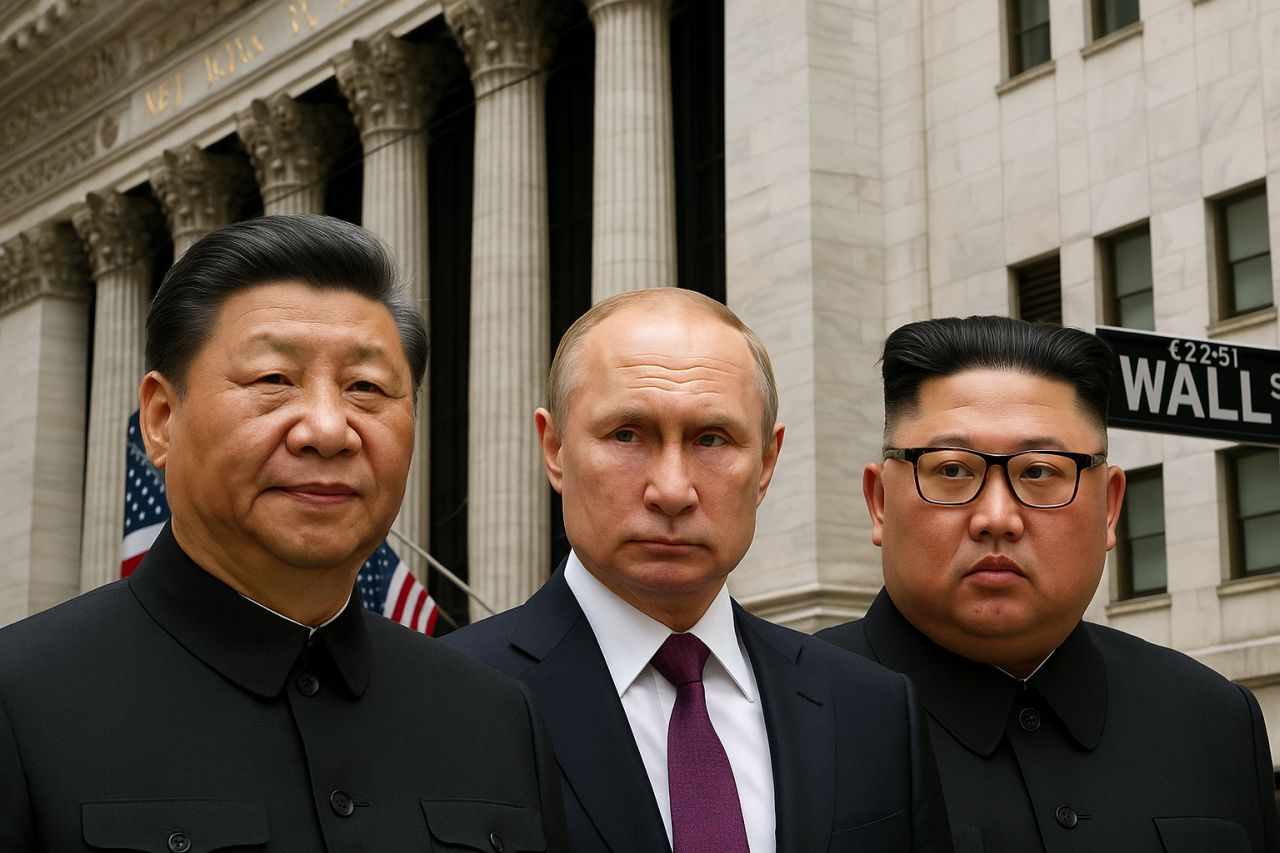 Xi Jinping, Putin e Kim Jong Hun con un palazzo sullo sfondo