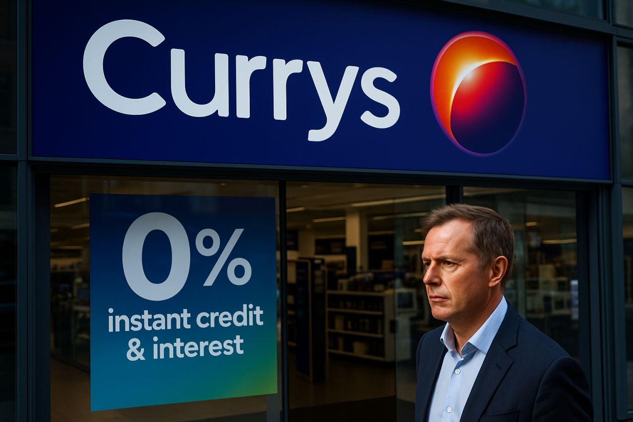 Insegna Currys sull'ingresso di un esercizio commerciale