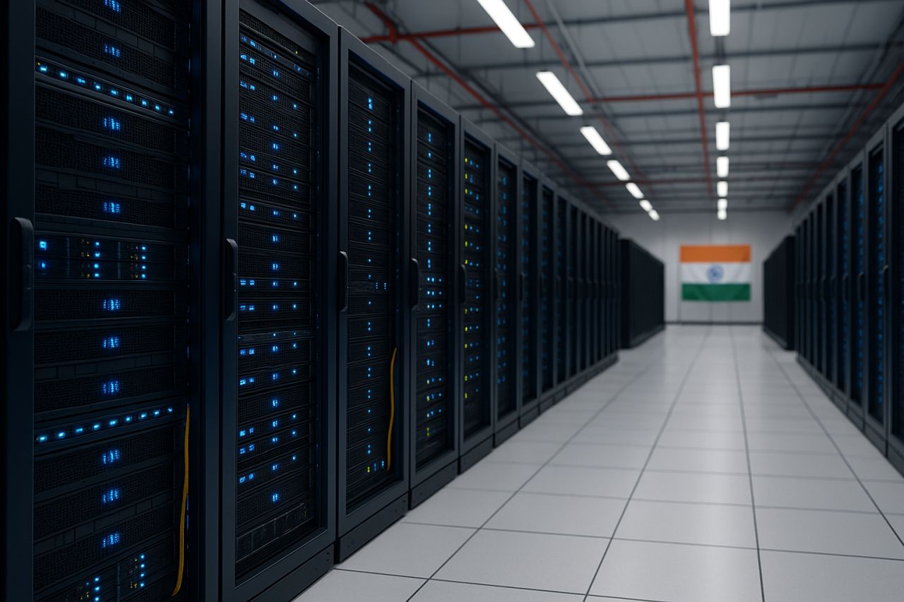 i locali di un Data center con la bandiera dell'India in fondo