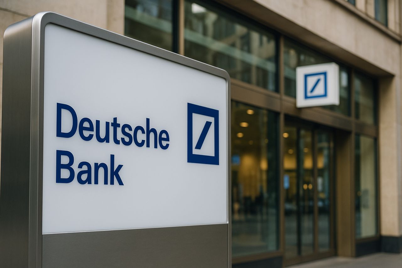 L'entrata di un istituto di credito con un totem pubblicitario davanti con la scritta Deutsche Bank