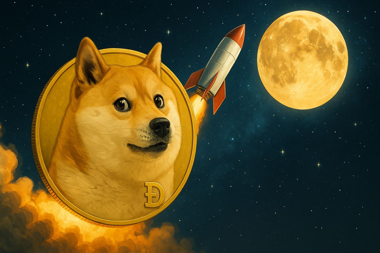 una moneta con il cane simbolo di Dogecoin e un razzo che va verso la luna