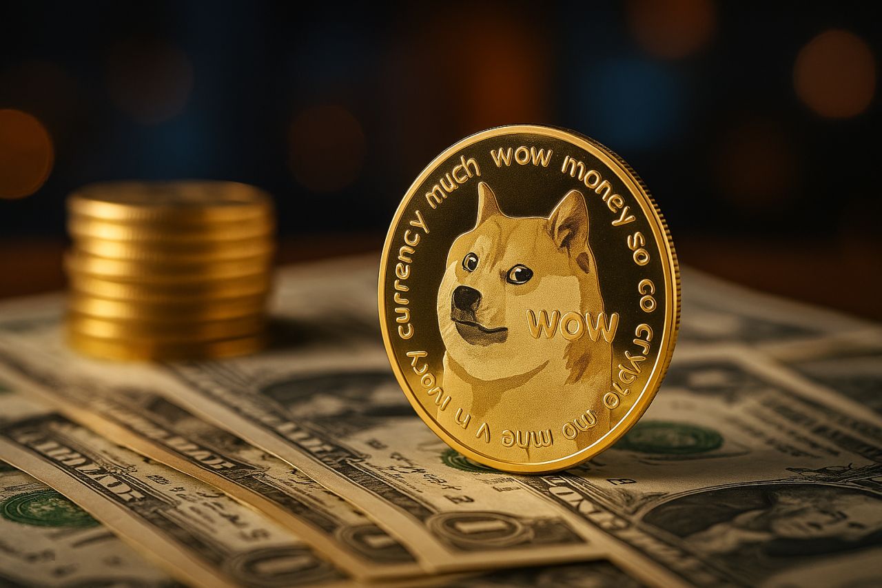 una moneta di Dogecoin poggiata di taglio su alcune banconote