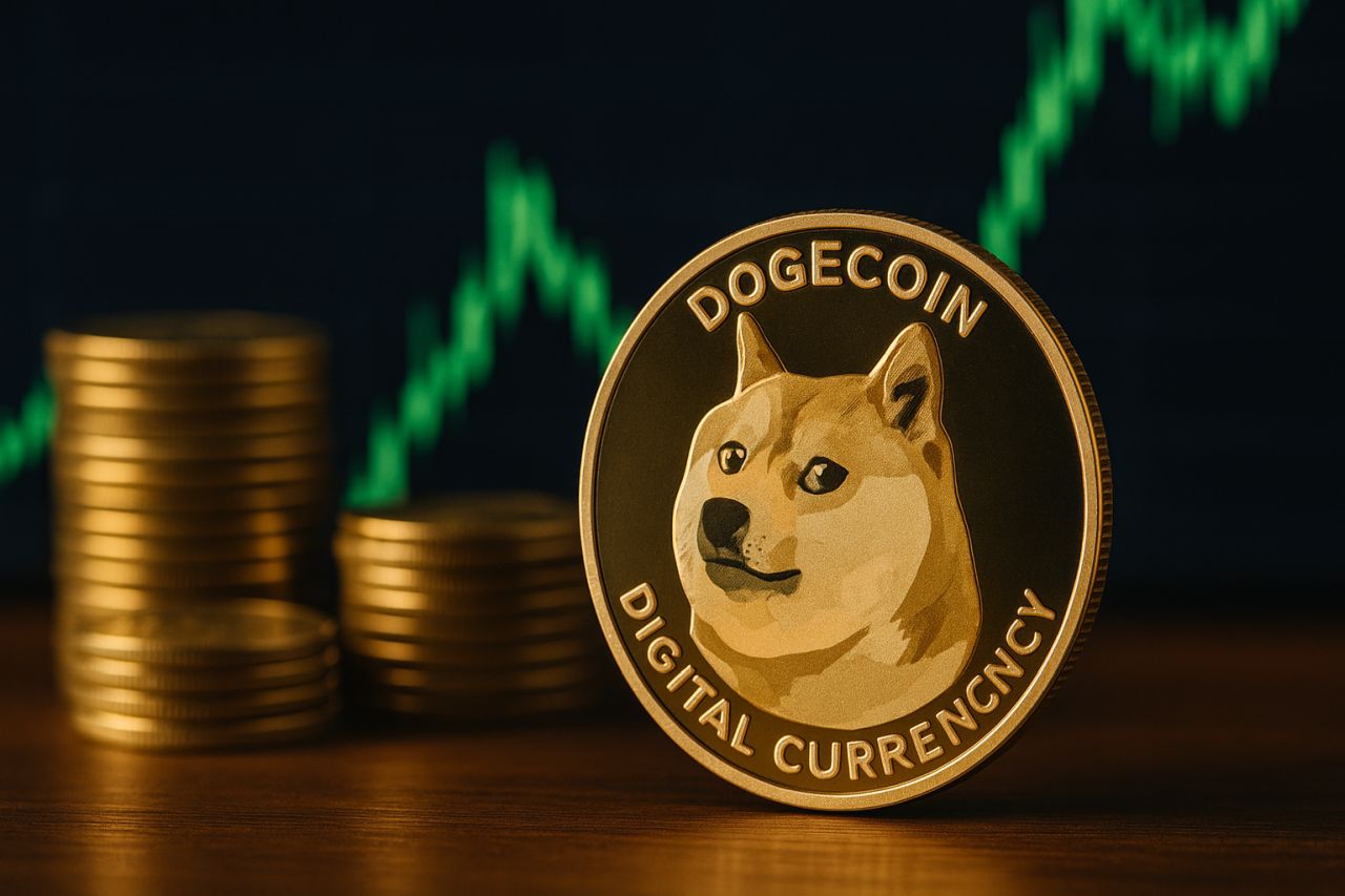 una moneta con il simbolo di Dogecoin con una pila di monetine accanto e un grafico a candele sullo sfondo
