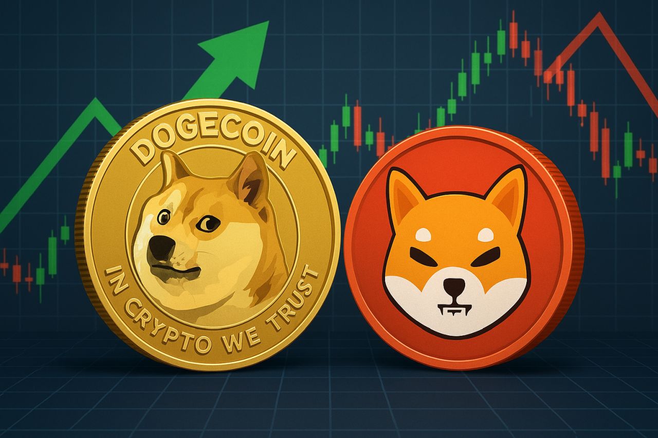 Una moneta con il simbolo di Dogecoin a sinistra e una con il simbolo di Shiba Inu a destra. Sullo sfondo dei grafici a candele
