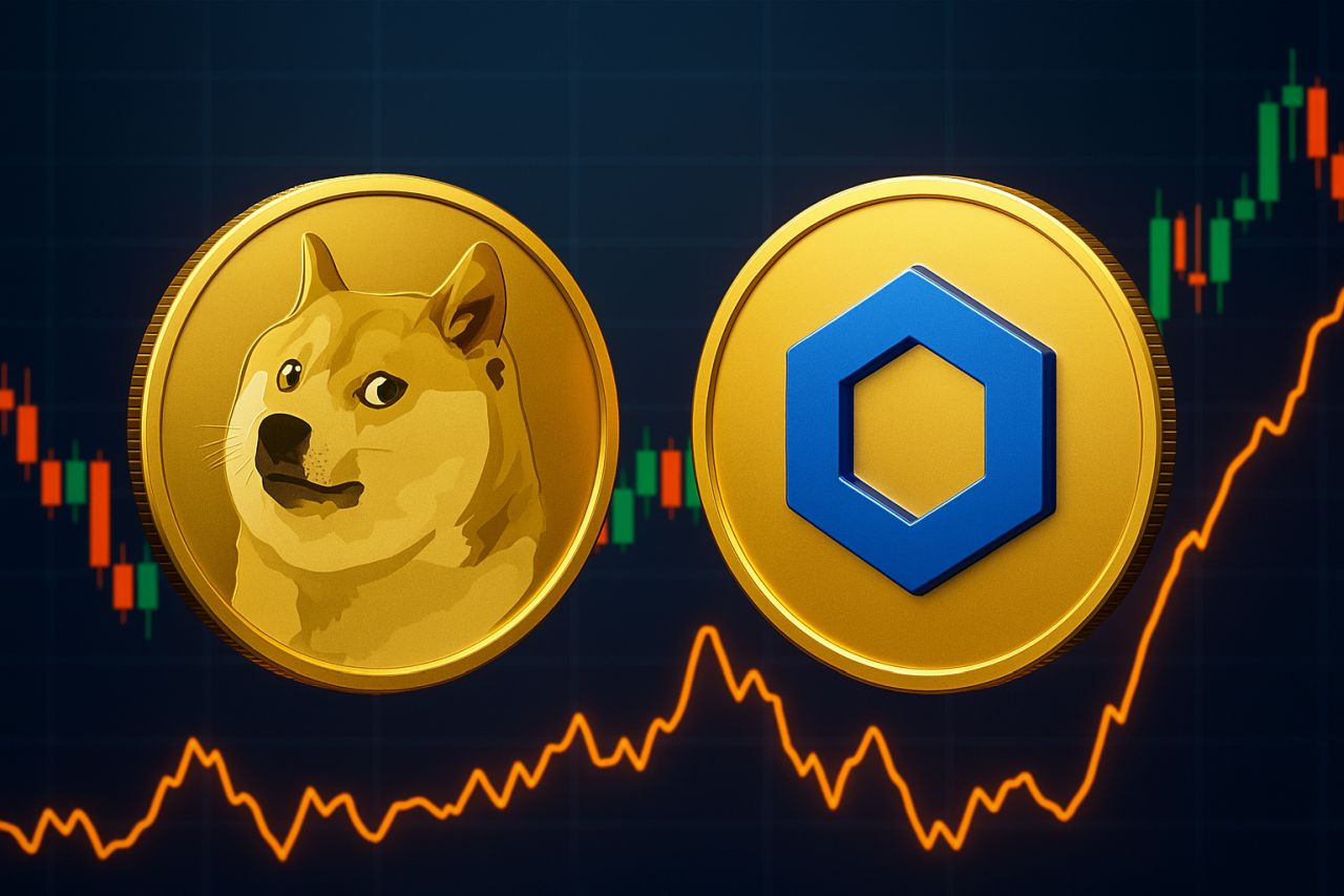 Una moneta con il simbolo di Dogecoin accanto a una con il simbolo di Chainlink. Sullo sfondo dei grafici finanziari