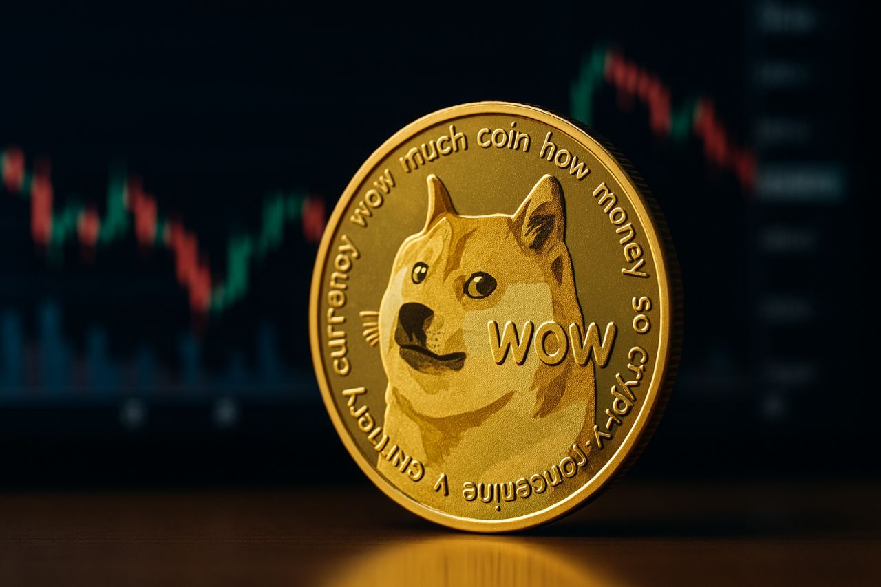 Una moneta di Dogecoin con un grafico a candele sullo sfondo