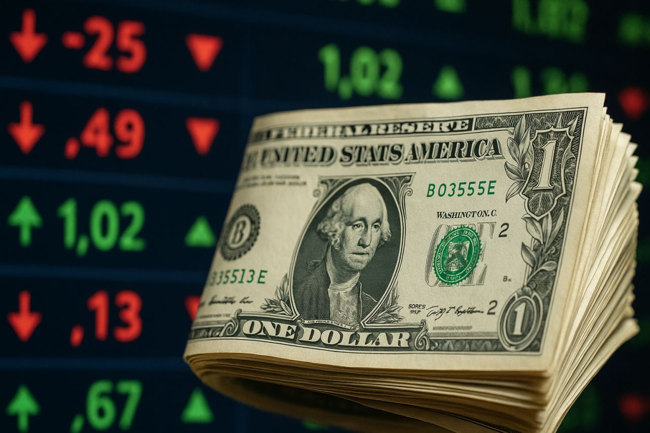 banconote di dollari con le cifre sull'andamento di titoli sullo sfondo