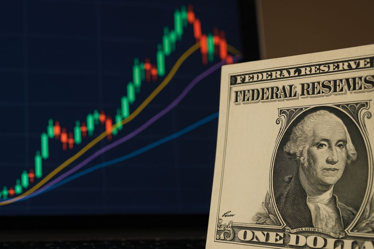 Una banconota in dollari sulla destra e un grafico a candele sullo sfondo