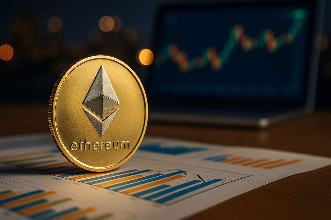 Una moneta di Ethereum poggiata di taglio su dei fogli con dei grafici finanziari
