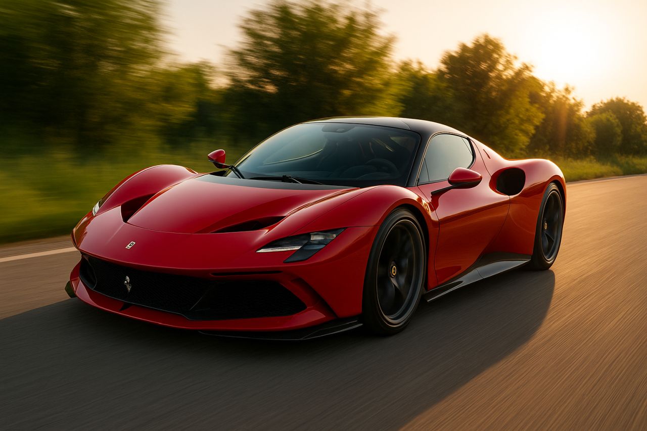 Una Ferrari rossa su strada