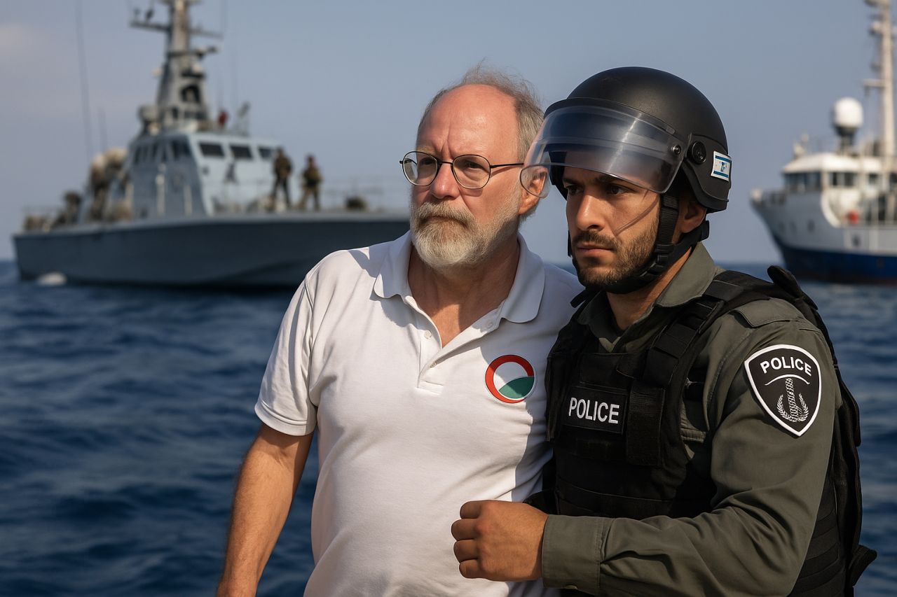 Un civile accanto a un membro delle forze dell'ordine con delle navi sullo sfondo