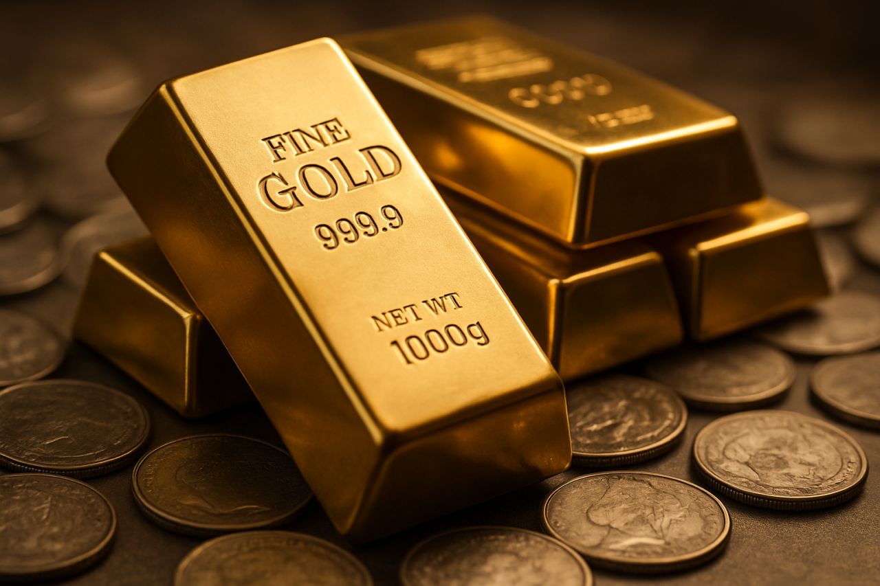 dei lingotti d'oro poggiati su alcune monete